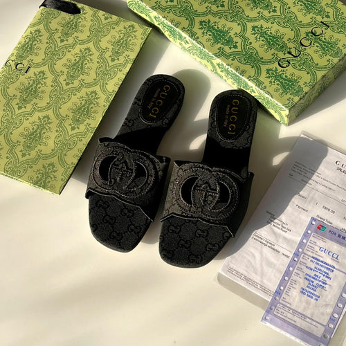 Black Interlocking G canvas slides